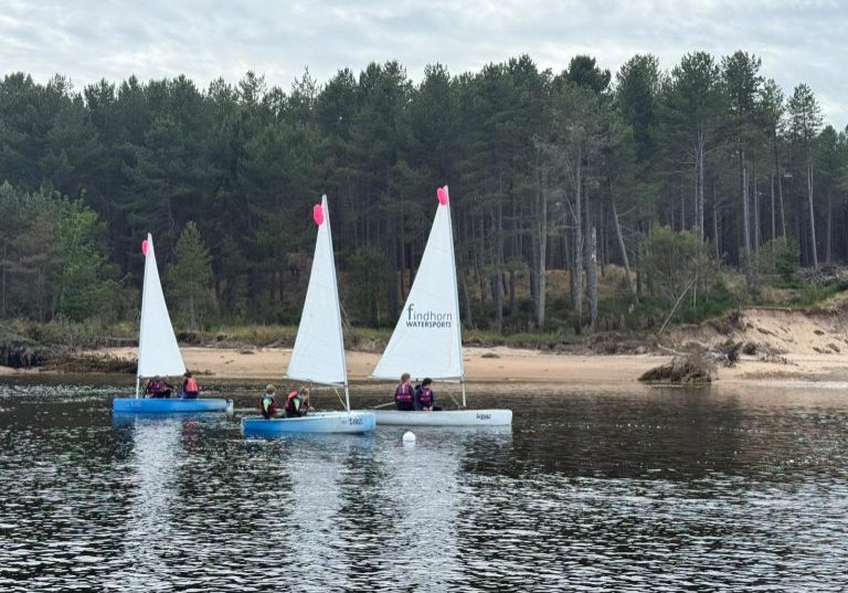 Sailboats with people on calm river near forest
