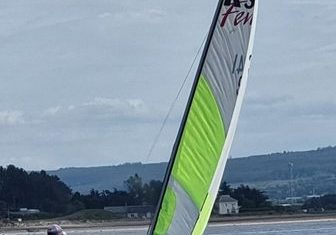 Two people sailing a dinghy on a cloudy day
