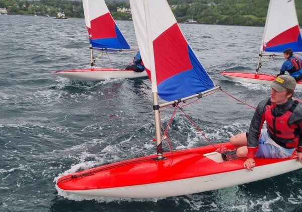 Sailors racing small boats with red and blue sails